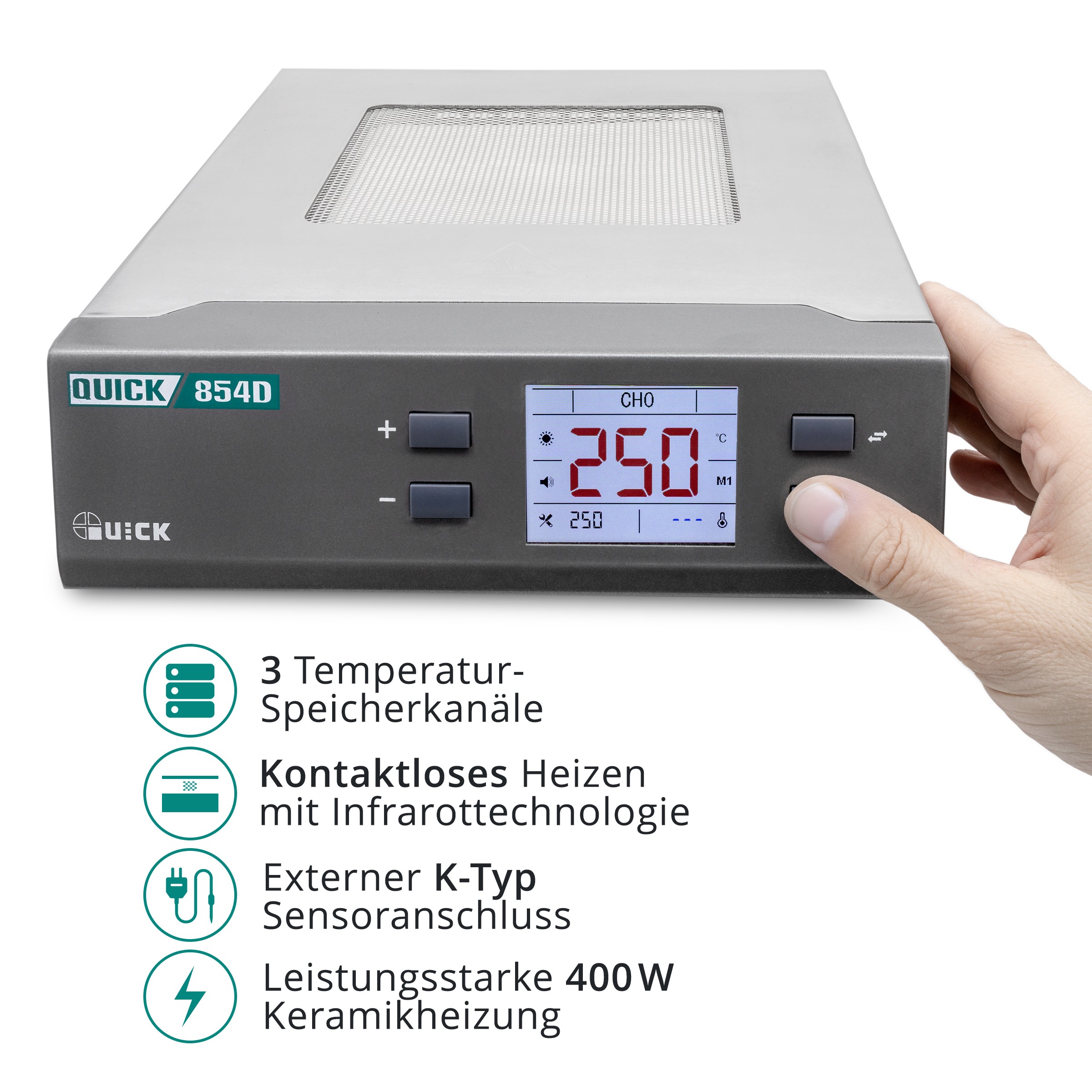 QUICK IR- Heizplatte mit 3 Festspeichern & Temperaturprofil, 400W, 230V